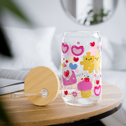 Cute Kawaii Glass Tumbler with Bamboo Lid and Glass Straw