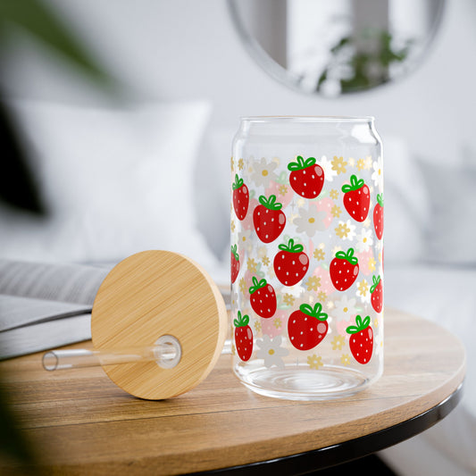 Strawberry Blossom Glass Cup with with Bamboo Lid and Glass Straw🍓