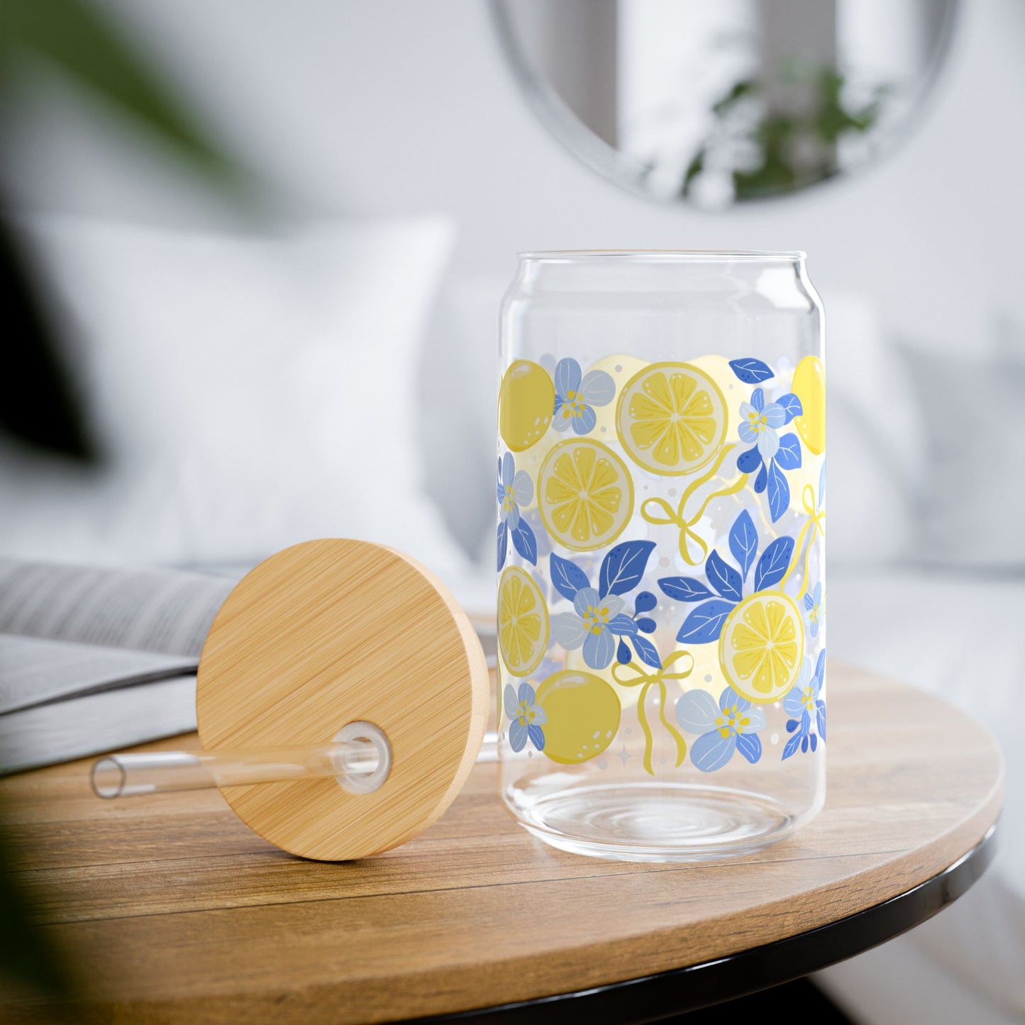 Lemon Blossom Glass Tumbler withwith Bamboo Lid and Glass Straw