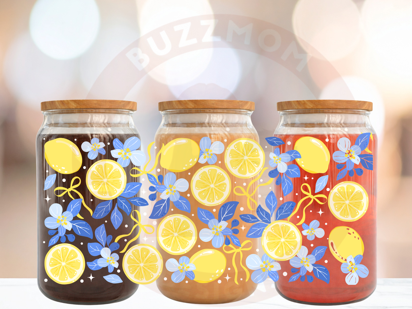 Lemon Blossom Glass Tumbler withwith Bamboo Lid and Glass Straw