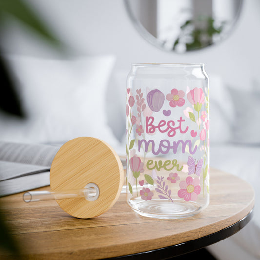 🌸 Best Mom Ever Glass Tumbler with Bamboo Lid & Straw