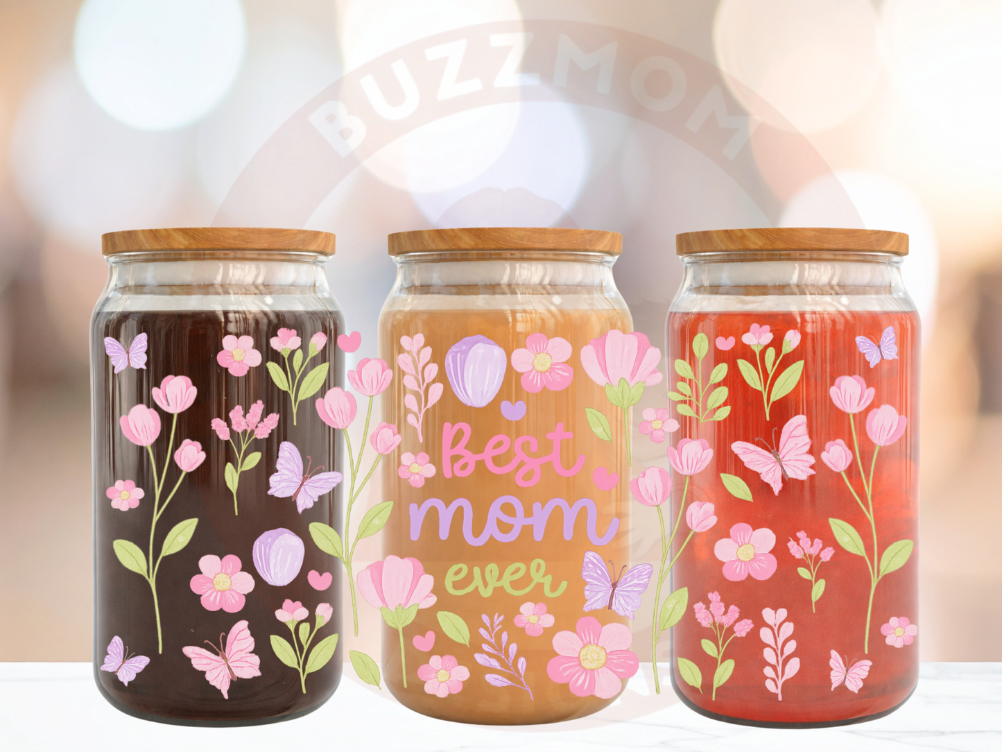 🌸 Best Mom Ever Glass Tumbler with Bamboo Lid & Straw
