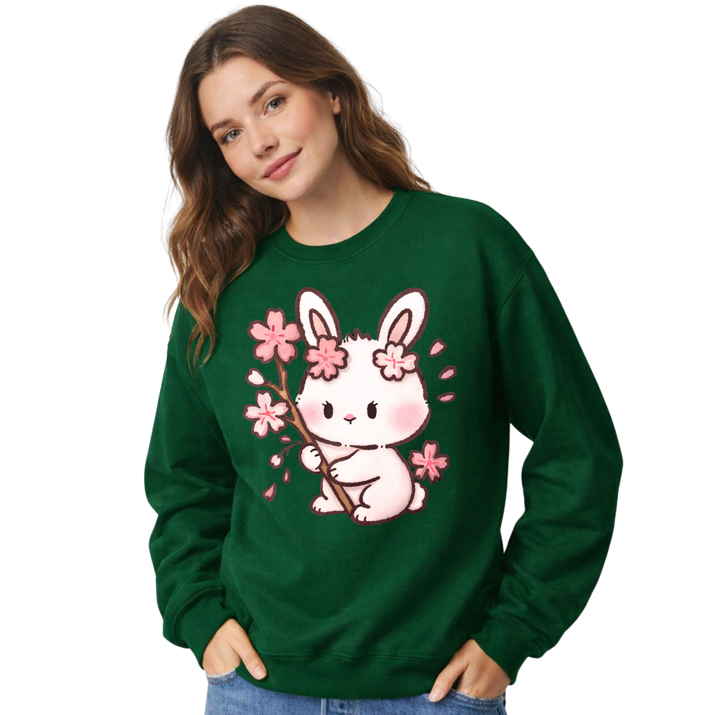 Cute Sakura Bunny Sweatshirt – Kawaii Cherry Blossom Rabbit Crewneck